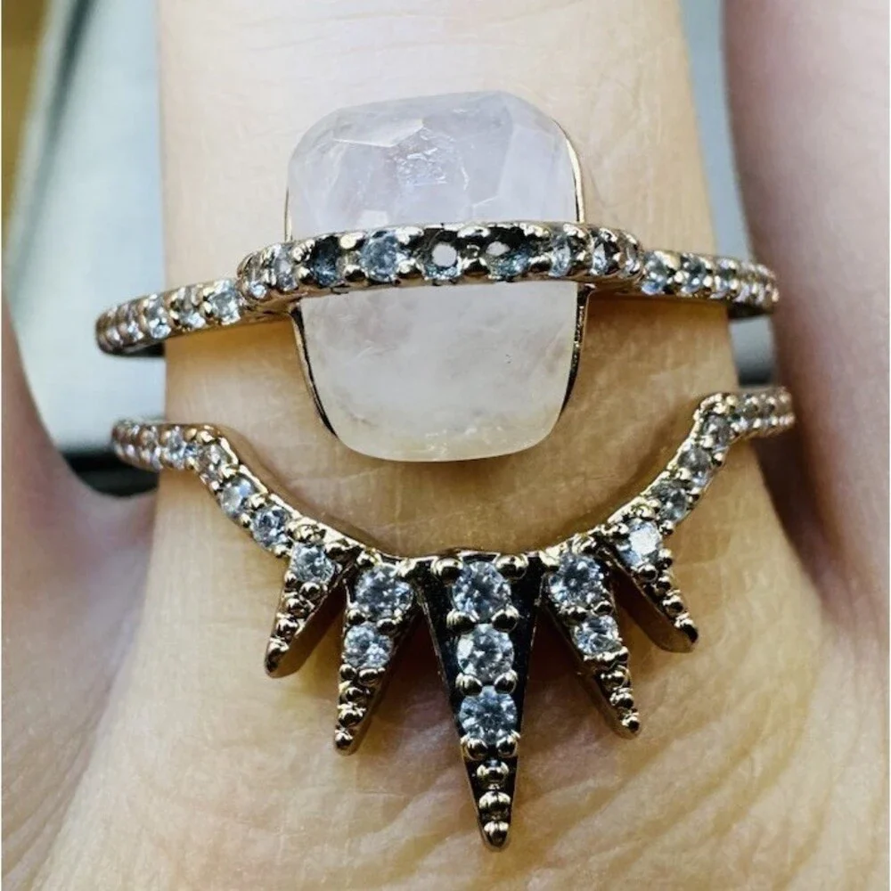 Bomb Party Rose Quartz Sunburst Statement Ring Size 11 Gold Tone